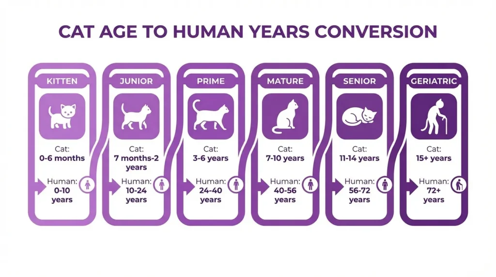 Cat age to human years conversion chart showing life stages from kitten to geriatric, flat infographic design