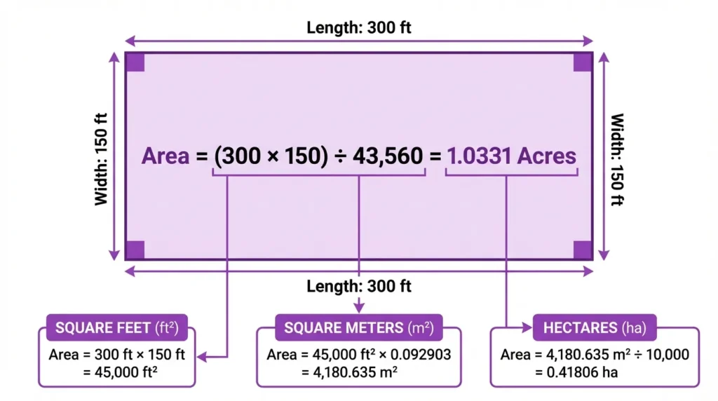 Diagram showing acreage formula: length times width divided by 43,560 equals area in acres, with unit conversion callouts