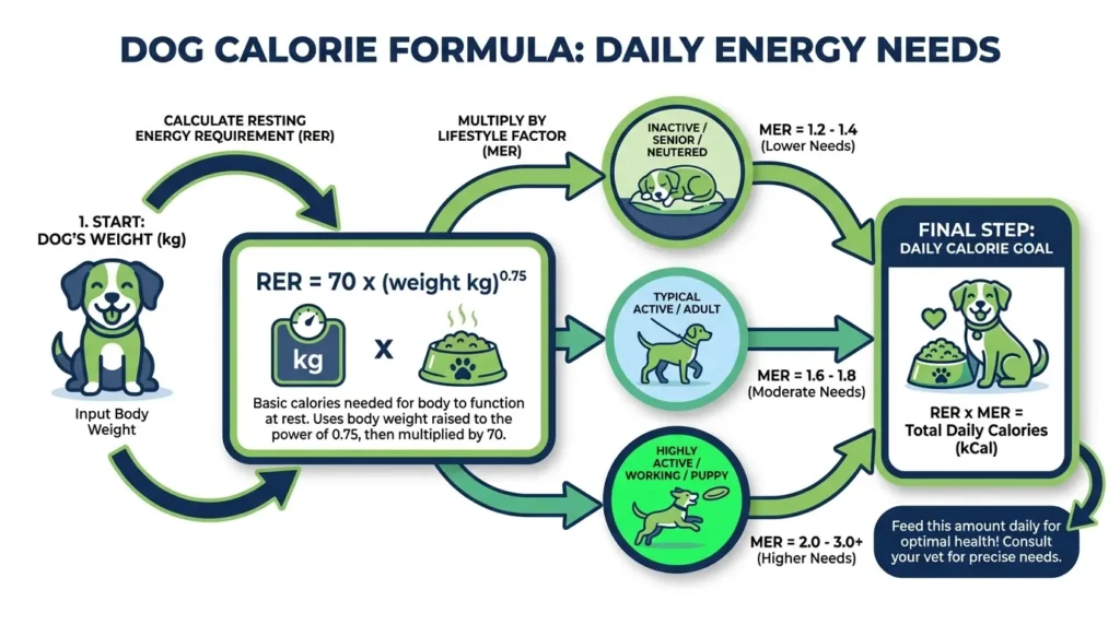 Dog calorie formula infographic showing RER and MER calculation steps for daily dog food intake estimate