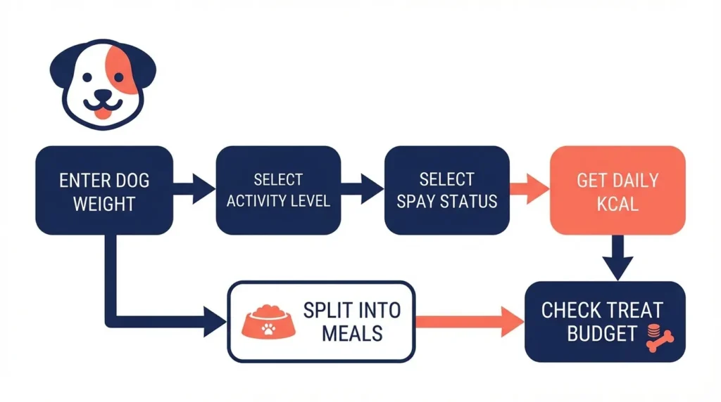 Dog feeding calculator flowchart showing steps from weight input to daily kcal per meal and treat budget output