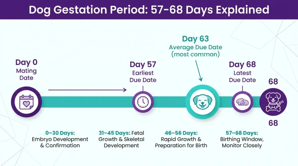Dog gestation period timeline infographic showing 57 to 68 day range for canine pregnancy due dates