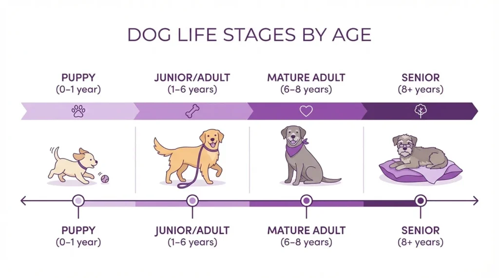 Dog life stage chart showing puppy, adult, mature, and senior age ranges to help calculate dog age accurately