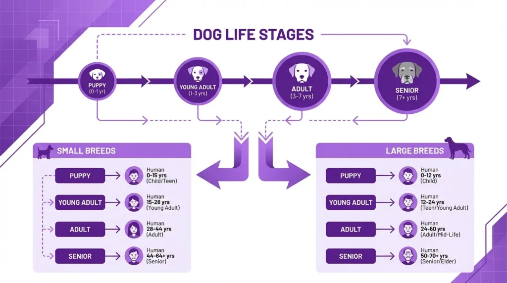 Flowchart of dog life stages mapped to human ages showing puppy to senior dog aging for small and large breeds