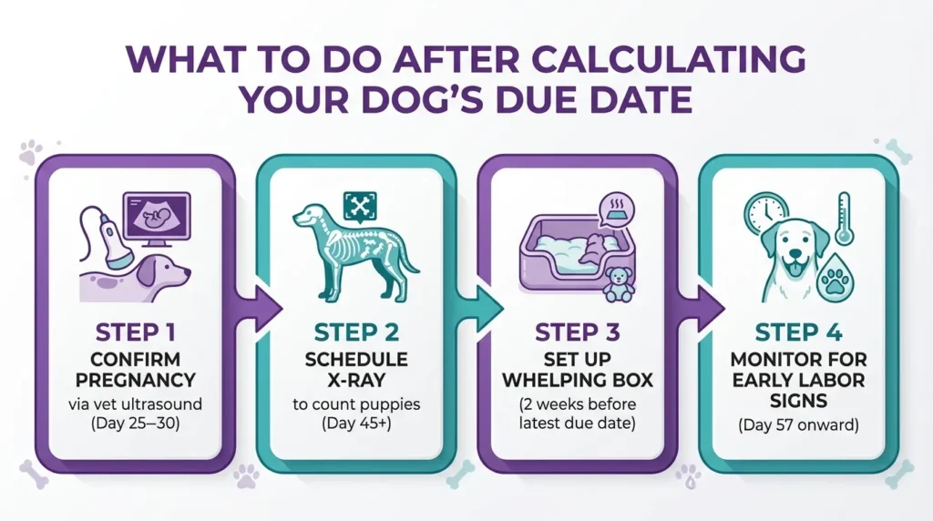 Flowchart showing 4 steps for dog owners after using a dog due date calculator to prepare for whelping