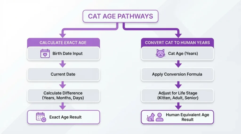 Flowchart showing how to use cat age calculator to find exact cat age or convert cat years to human years