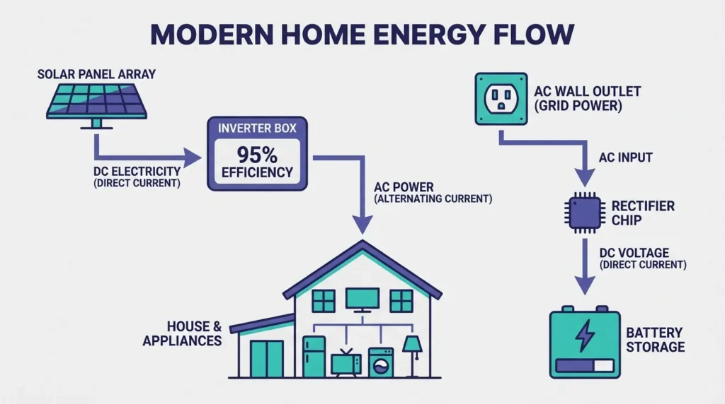 Flowchart showing solar panel DC to AC inverter conversion and AC outlet to DC battery rectifier voltage process