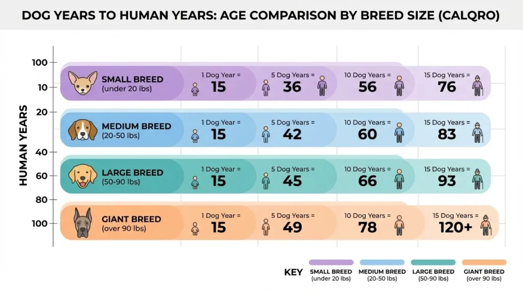 Infographic comparing dog years to human years by breed size — small, medium, large, and giant dogs age chart