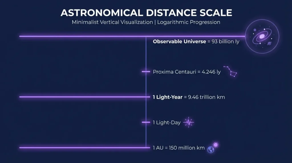 Infographic showing astronomical distance scale from 1 AU to observable universe in light years and kilometers