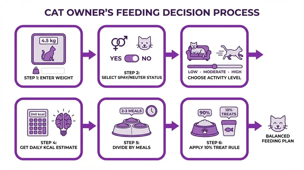 Step-by-step cat feeding calculator flowchart showing how to calculate daily kcal from weight, activity level, and meal count