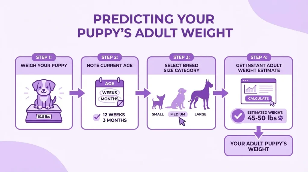 Step-by-step-flowchart-showing-how-to-use-a-puppy-weight-calculator-to-estimate-dog-adult-weight-by-breed-size