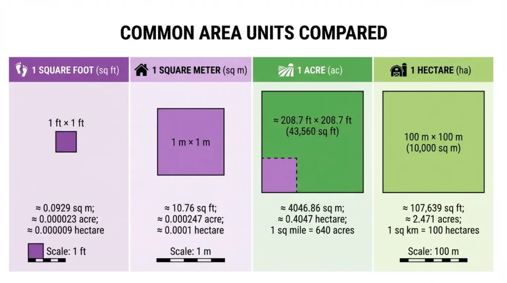 Visual comparison chart of area units: acre, hectare, square meter, and square foot proportional sizes
