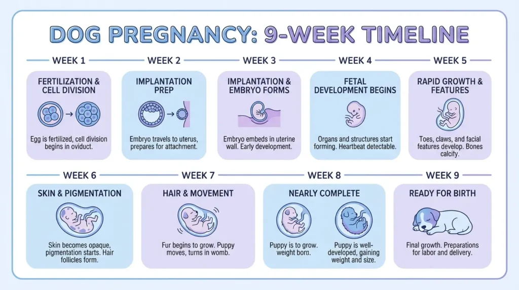 Week-by-week dog pregnancy stages infographic showing canine gestation timeline from Week 1 fertilization to Week 9 labor signs