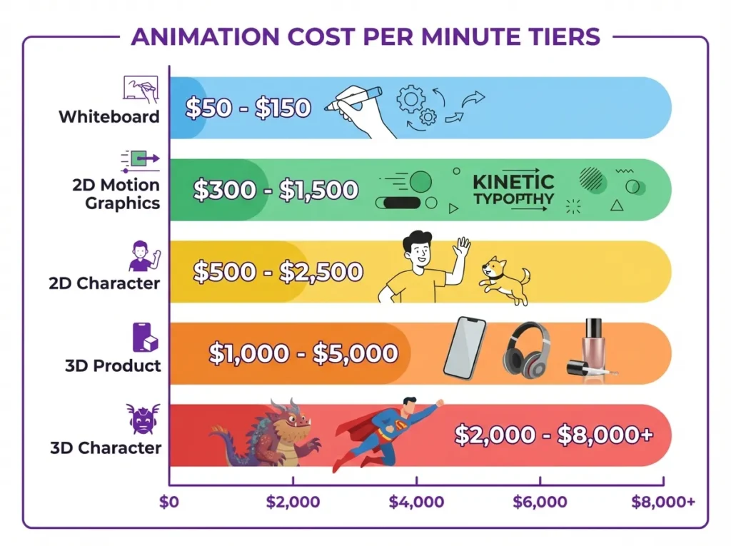 2D-3D animation outsourcing cost estimator tool showing per-minute pricing breakdown for 2D and 3D animation styles