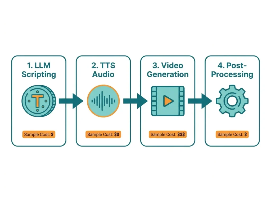 AI video generation pipeline flowchart showing four cost stages from LLM scripting to post-processing