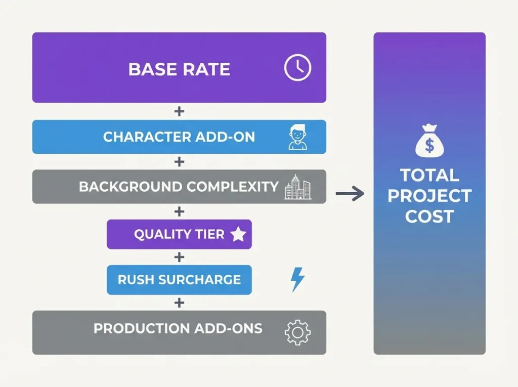 Bar chart comparing 2D and 3D animation cost per minute across different animation styles from whiteboard to high-end 3D character animation