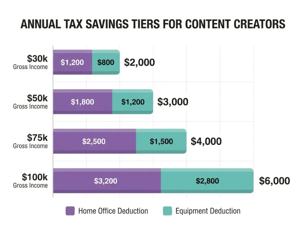 Chart showing estimated home studio tax savings by income level for content creators in 2026
