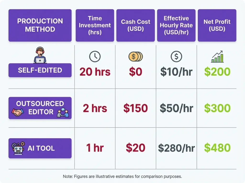 Comparison chart of YouTube Shorts production methods: self-edited vs outsourced editor vs AI tool showing time cost and net profit per batch