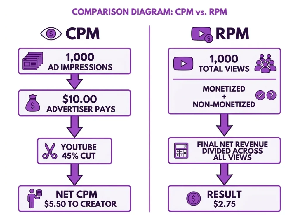 Diagram showing the difference between YouTube CPM and RPM, illustrating YouTube's 45% revenue cut and how RPM spreads earnings across all views