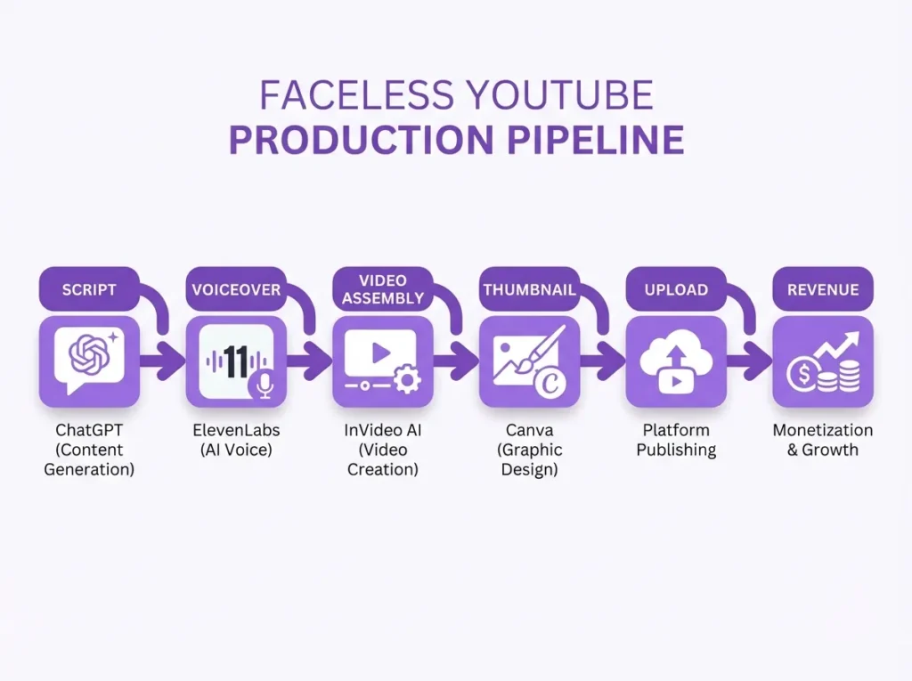 Faceless YouTube AI production workflow pipeline from script to revenue using AI tools