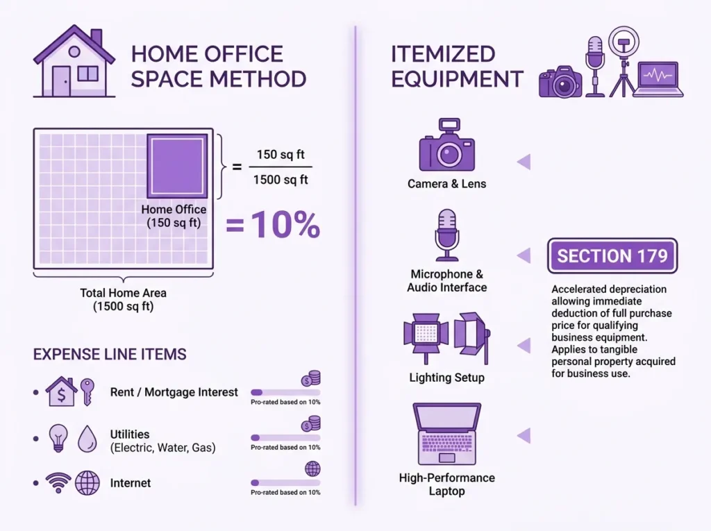 Infographic comparing IRS home office space deduction method vs Section 179 itemized equipment write-off for content creators