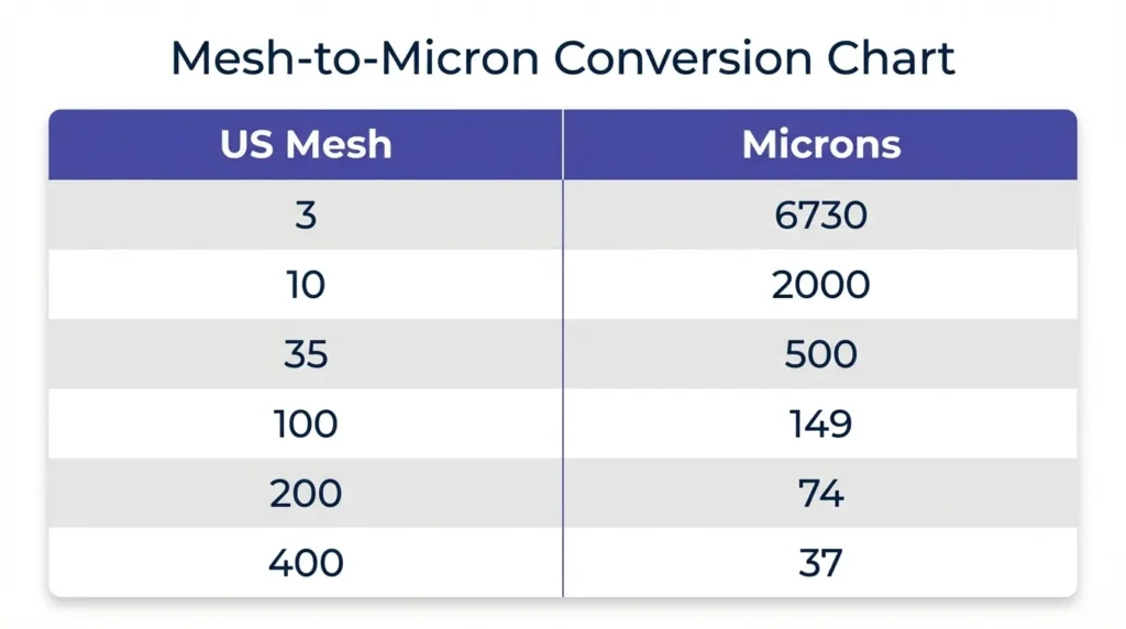 Mesh to micron conversion chart showing standard US mesh sizes and their equivalent micron values