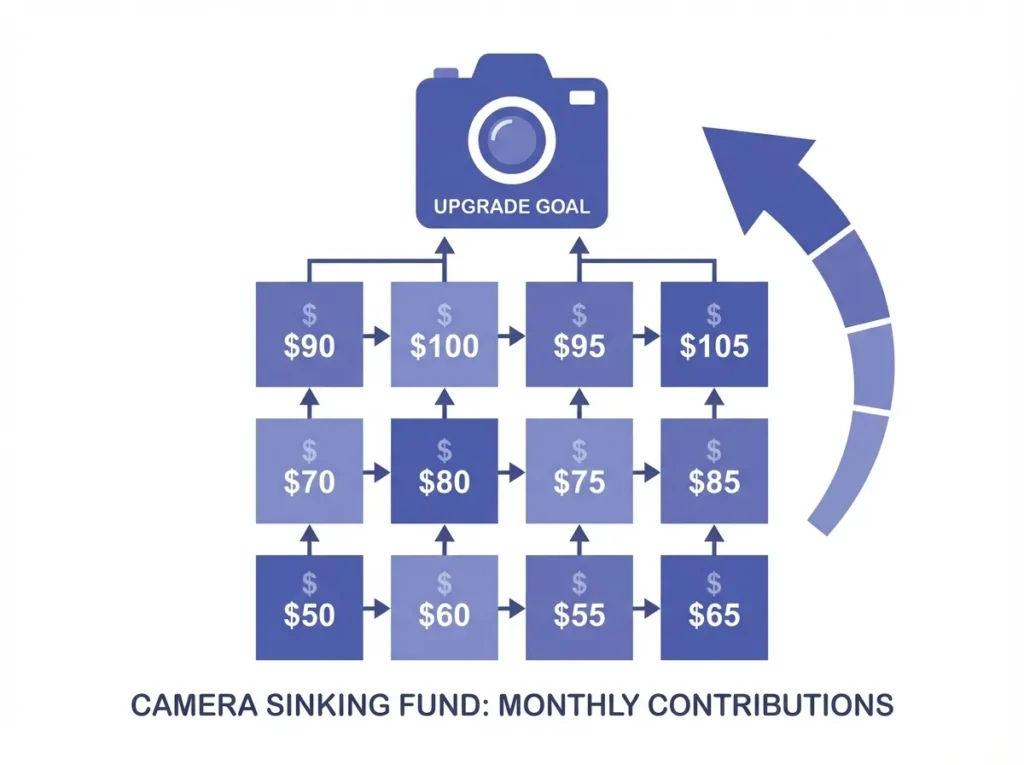 Sinking fund concept diagram showing monthly savings contributions accumulating to cover creator equipment upgrade cost