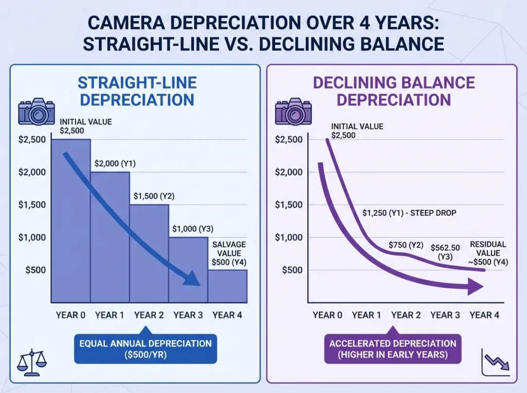 Straight-line vs declining balance depreciation method comparison chart for creator camera equipment over a 4-year useful life