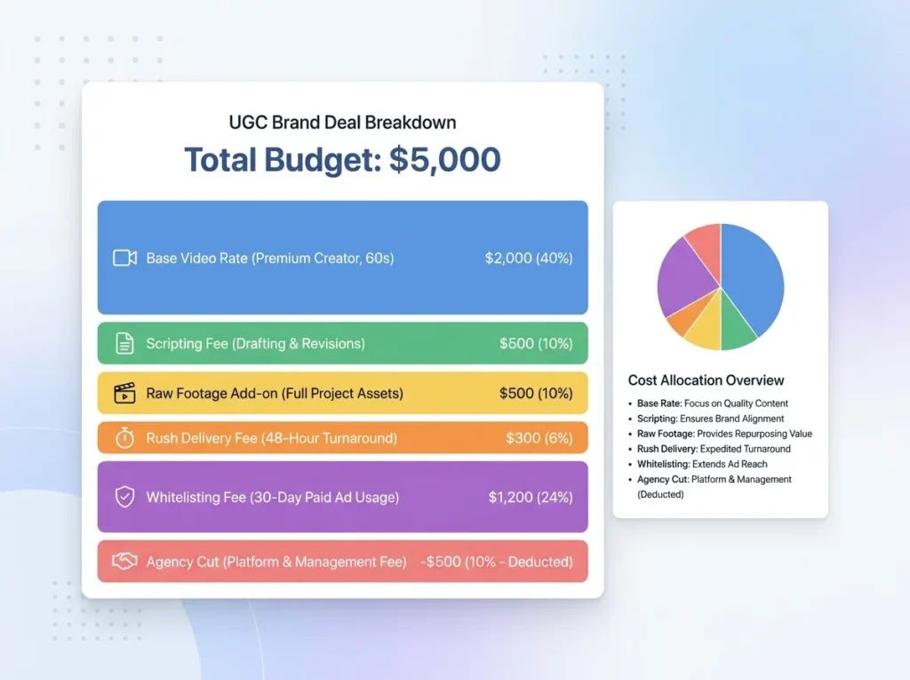 UGC brand deal cost breakdown showing base deliverables and usage rights fees