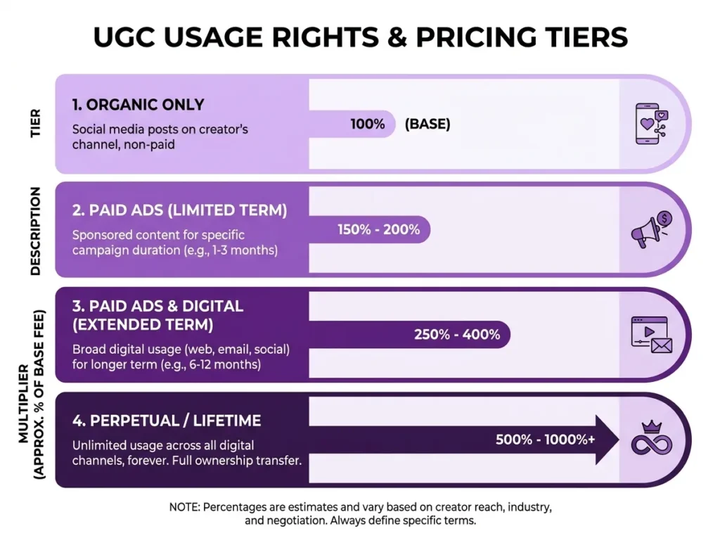 UGC usage rights pricing tiers chart showing paid ads multipliers from 30% to 400%