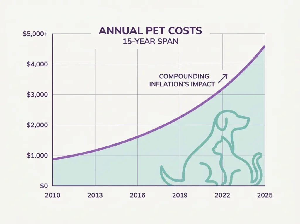 Annual pet ownership cost growth chart visualizing inflation compounding over a 15 year lifespan