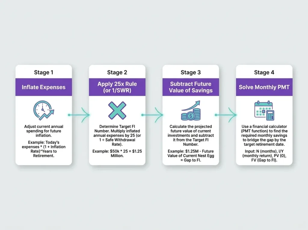Four-stage FIRE number calculation flowchart showing inflation adjustment, 25x rule application, savings projection, and monthly investment solve.