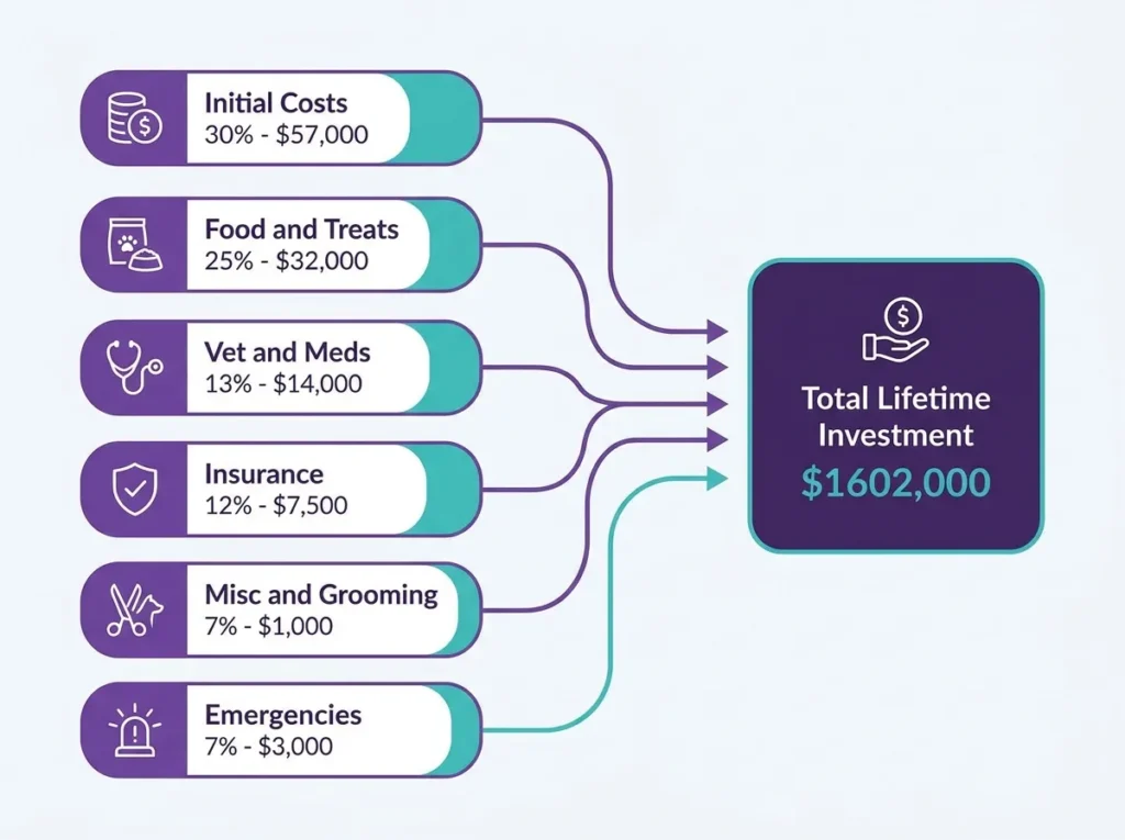 Pet lifetime cost distribution flowchart showing six expense categories combining into total ownership investment