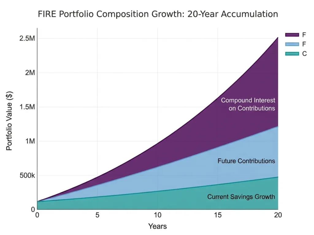 Stacked area chart showing FIRE portfolio composition over 20 years split between current savings growth, future contributions, and compound interest.