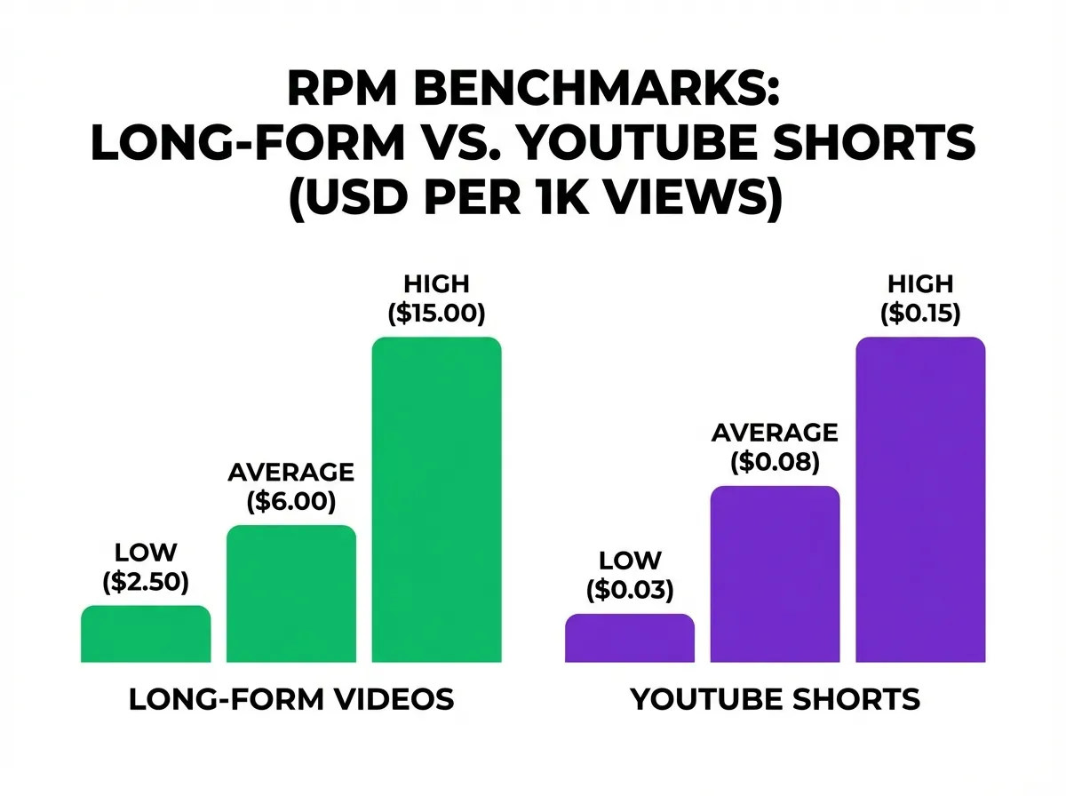 Long-form vs YouTube Shorts RPM comparison chart for faceless AI channels
