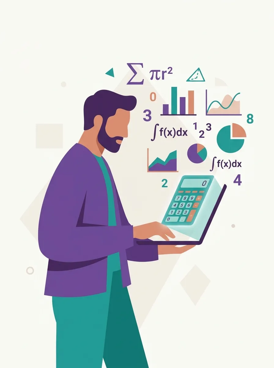 Calqro support team illustration showing a user interacting with online calculator tools and reaching out for assistance